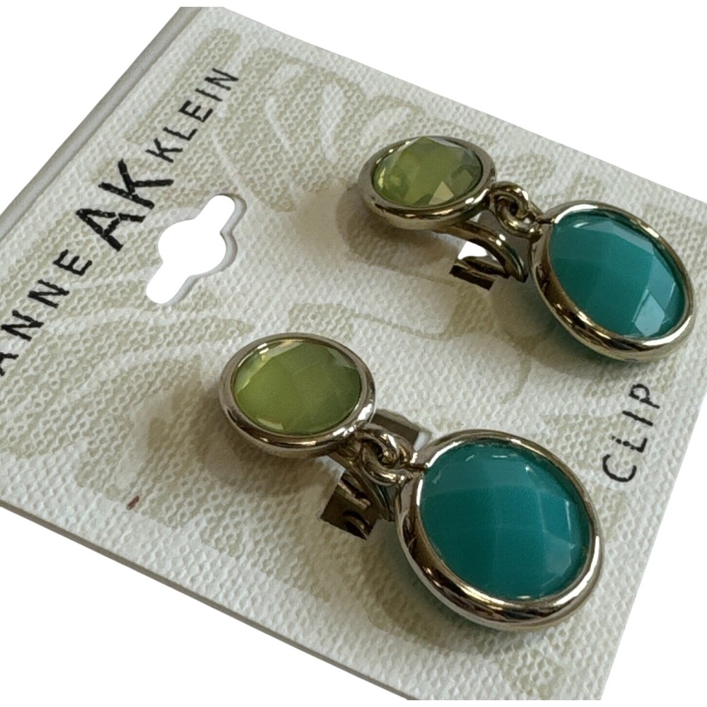 Anne Klein Clip Earrings Green Turquoise Set In Goldtone